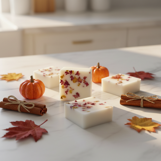 Fall harvest wax melts lifestyle with autumn leaves - spiced cider vanilla - cozy home
