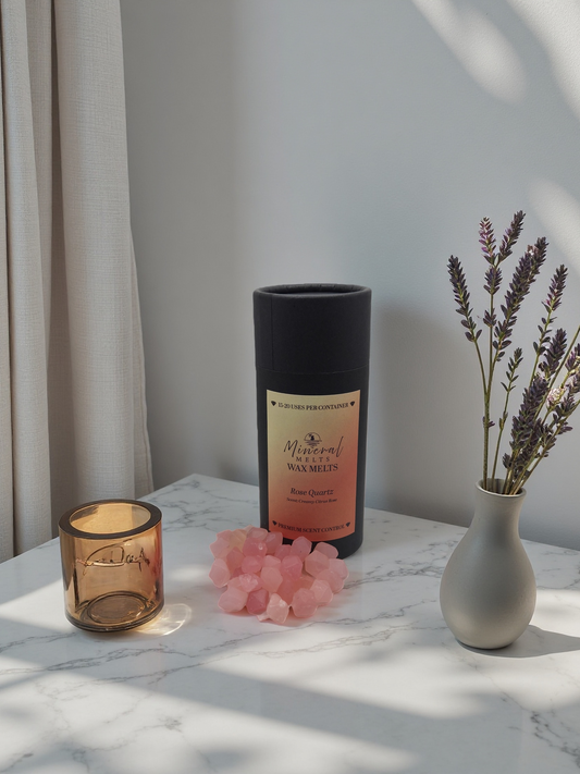 Rose Quartz pink wax melts lifestyle flatlay - self-care gift - cottagecore home decor