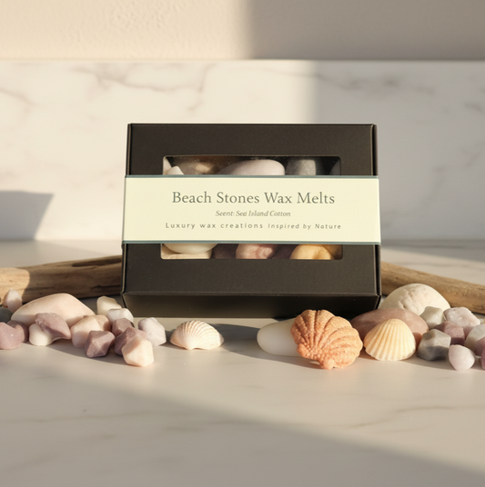 Beach stone natural wax melts lifestyle flatlay - ocean breeze scent - cottagecore home