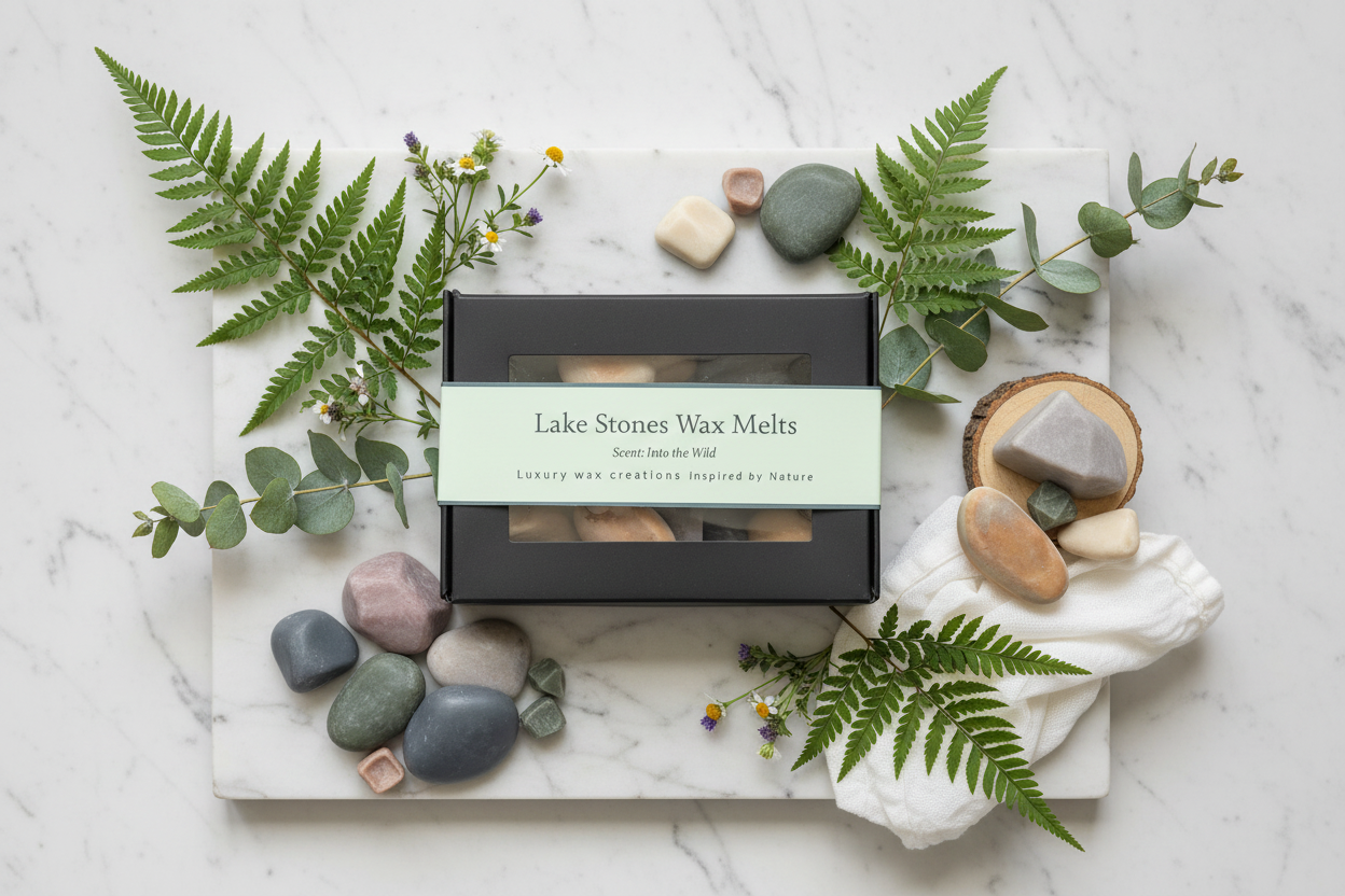 Lake stone wax melts lifestyle on marble - into the wild scent - nature inspired decor