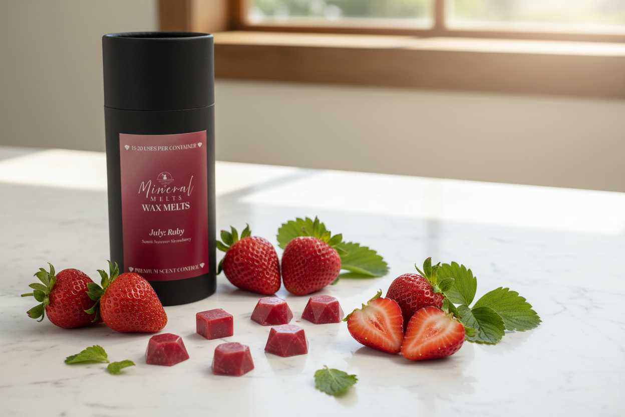 Ruby red wax melts lifestyle with strawberries - July birthstone - summer home decor