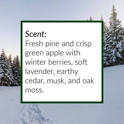 Winter landscape with snow-covered trees and a text box describing the scent of Aventurine Crystal Topped Wax melts.