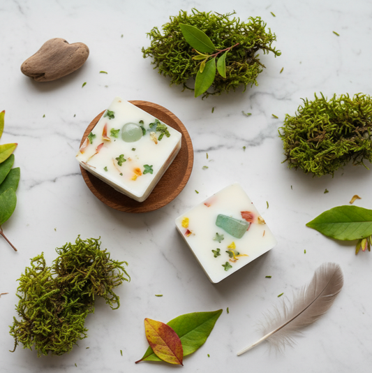 Aventurine crystal topped wax melts with ferns on marble - Siberian forest scent - nature inspired