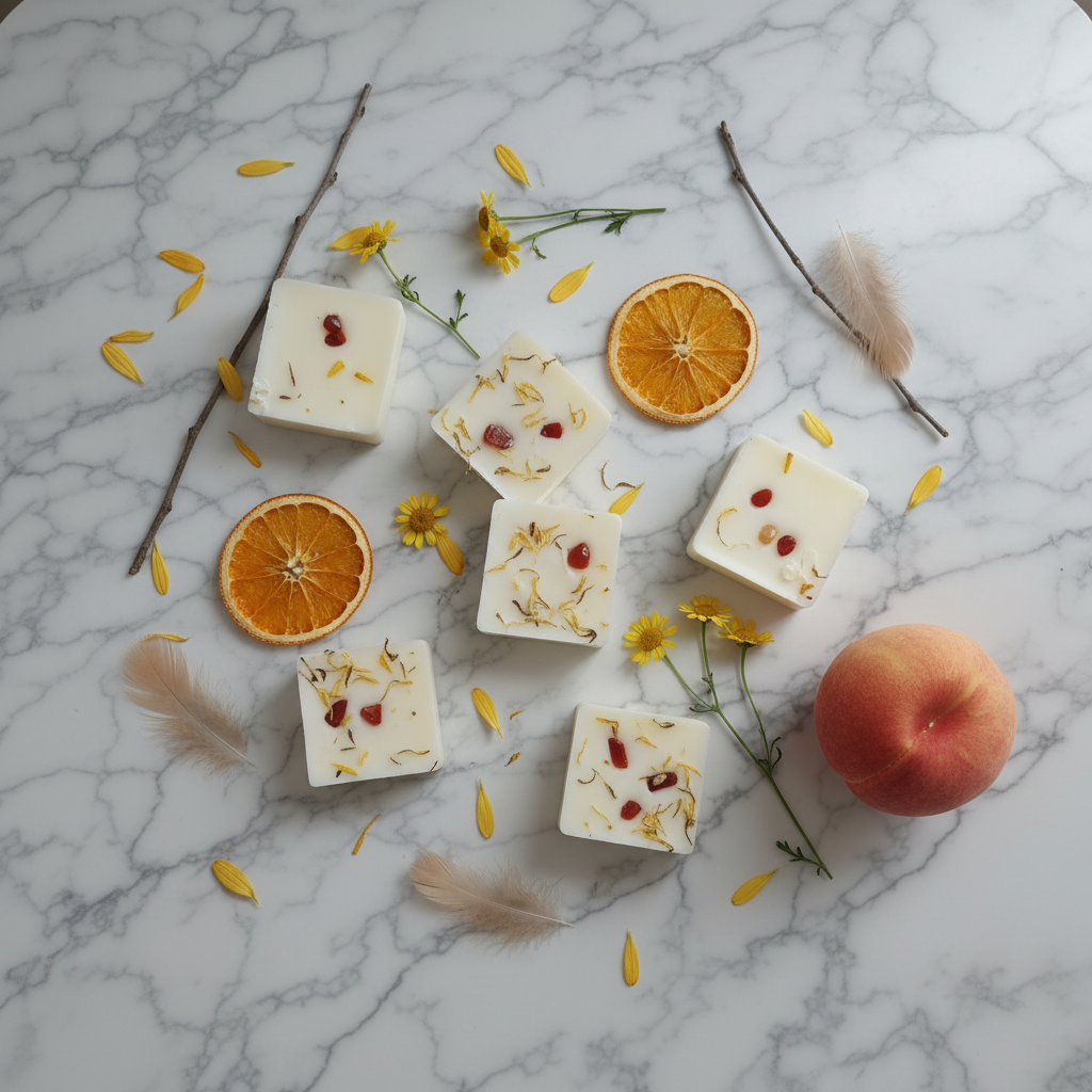 White Wax melt cubes with dried flowers and red agate stone on top.