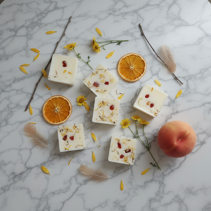 White Wax melt cubes with dried flowers and red agate stone on top.