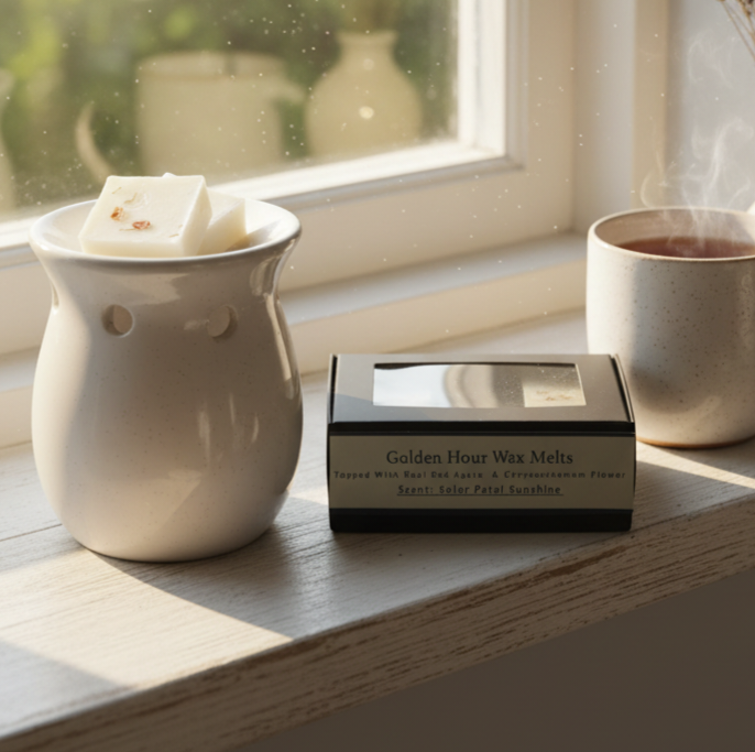 White wax melter with wax melts and a cup of tea on a windowsill.