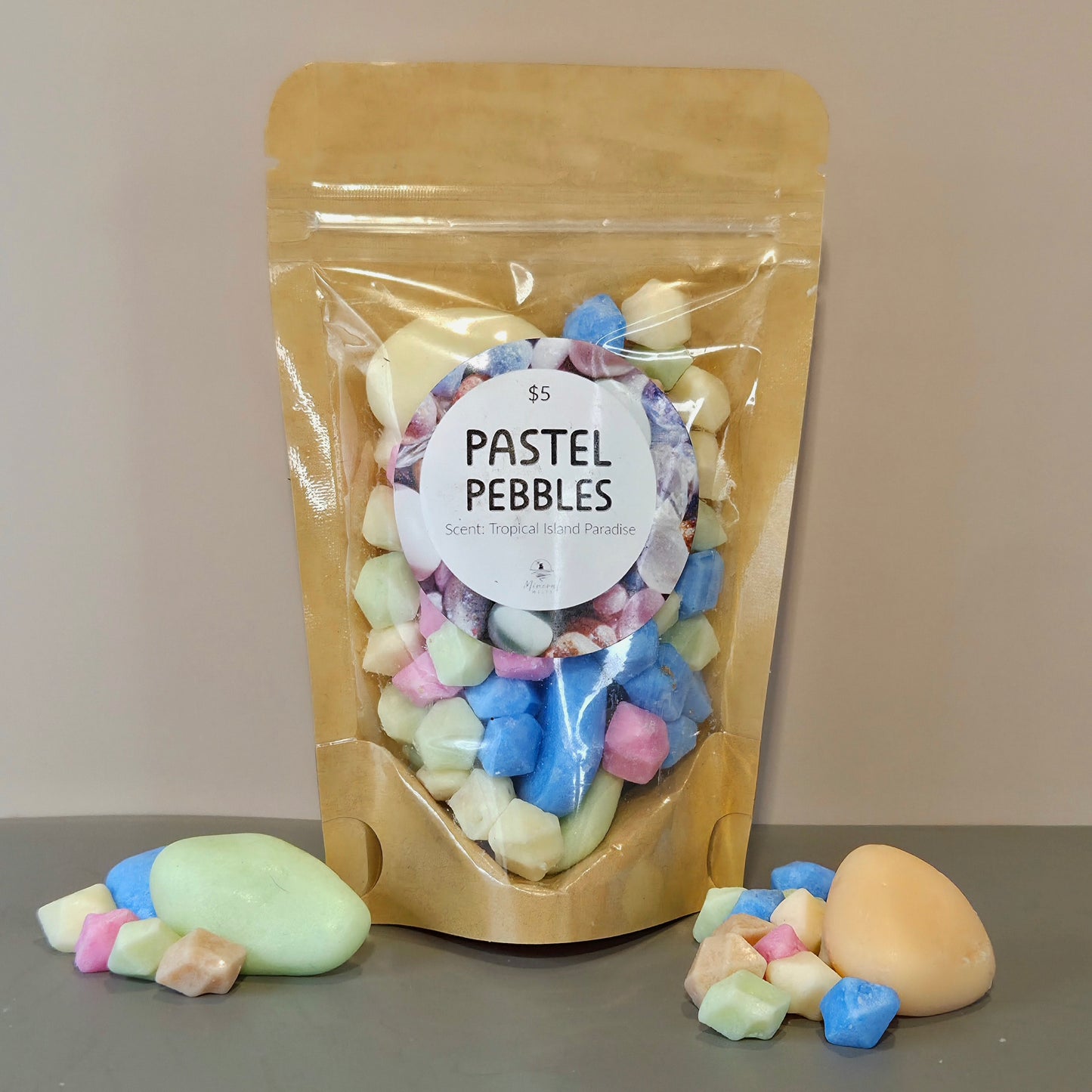 Pastel pebbles wax melts - multicolor soft stone shapes - tropical island paradise scent soy wax