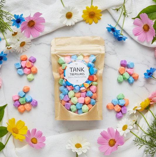 Fish tank pebbles wax melts lifestyle with colorful florals - fruity cereal scent - playful home decor