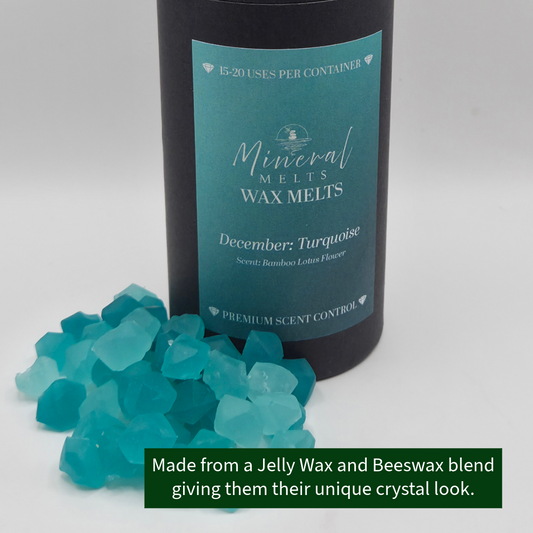 Bottle of Mineral Melts Wax Melts with turquoise wax crystals on a light gray background