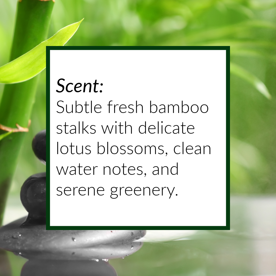 Text describing the scent of fresh bamboo and lotus blossoms with a blurred green background