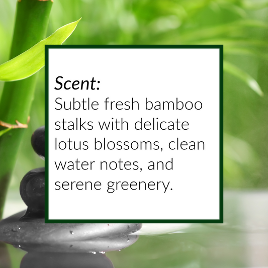 Text describing the scent of fresh bamboo and lotus blossoms with a blurred green background