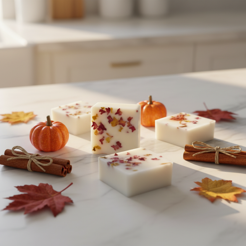 Fall harvest wax melts lifestyle with autumn leaves - spiced cider vanilla - cozy home