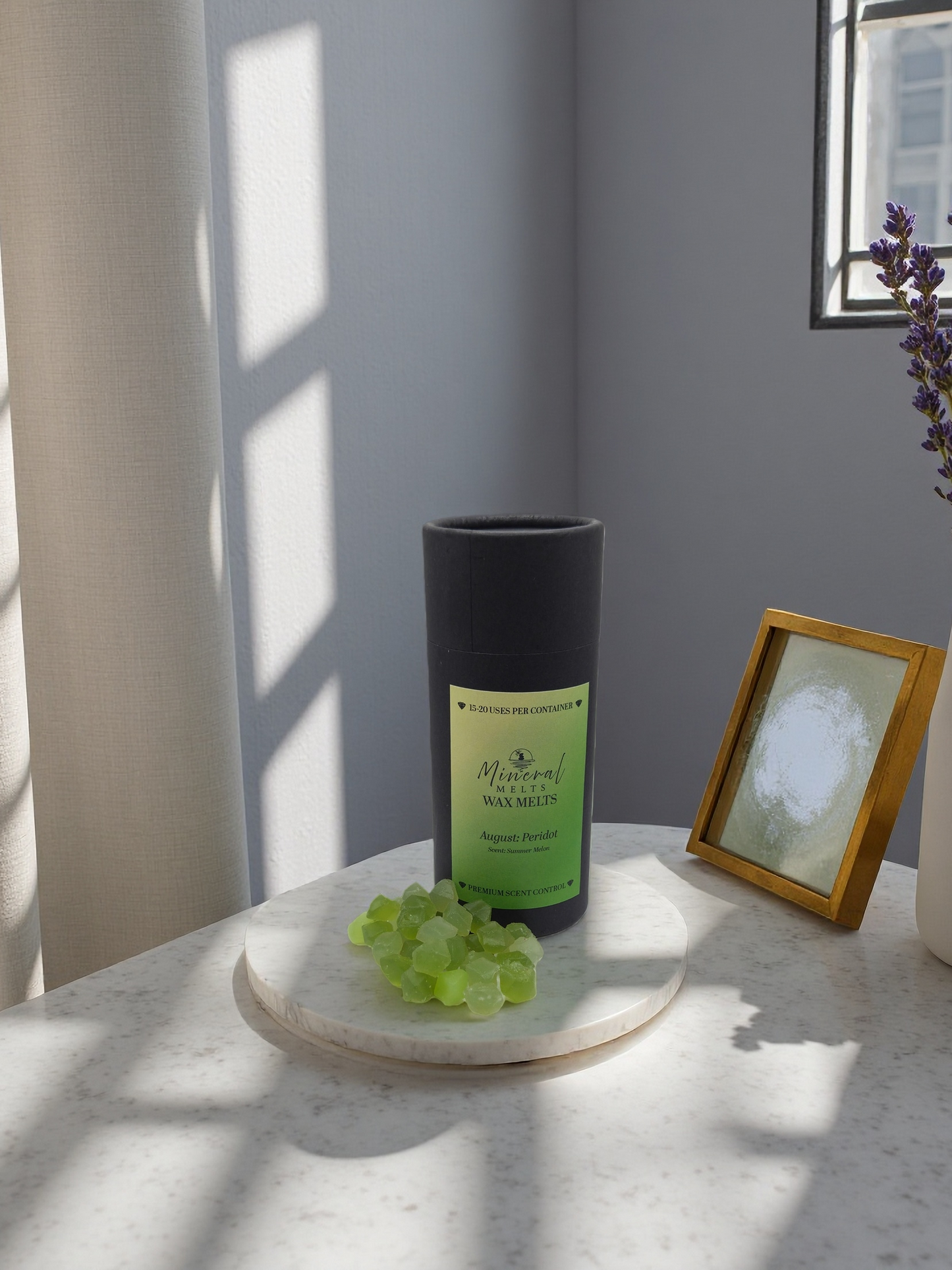 Peridot green wax melts lifestyle styled with botanicals - August birthstone - cottagecore