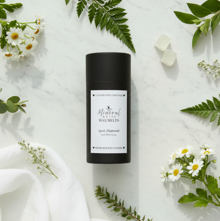 Diamond April birthstone wax melts on marble with botanicals - white clouds scent - handmade soy wax