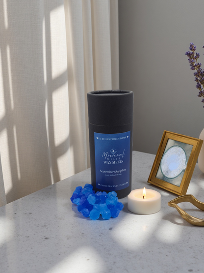 Sapphire blue wax melts lifestyle with botanicals - September birthstone - celestial