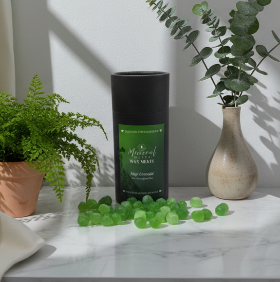 Emerald green wax melts lifestyle with botanicals - May birthstone - cottagecore decor