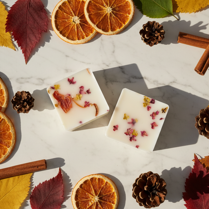 Fall harvest wax melts with pumpkin cinnamon on marble - spiced cider scent - autumn decor