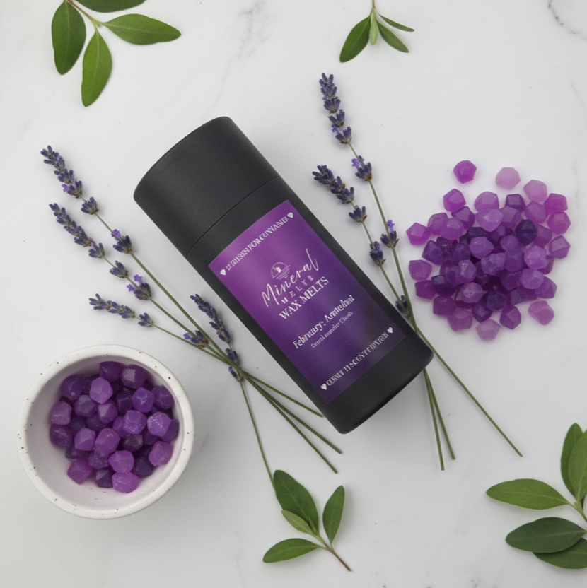 Amethyst February birthstone wax melts on marble with lavender - calming purple - handmade soy wax