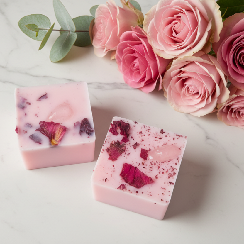 Rose quartz crystal topped wax melts lifestyle flatlay - cherry blossom scent - luxury gift