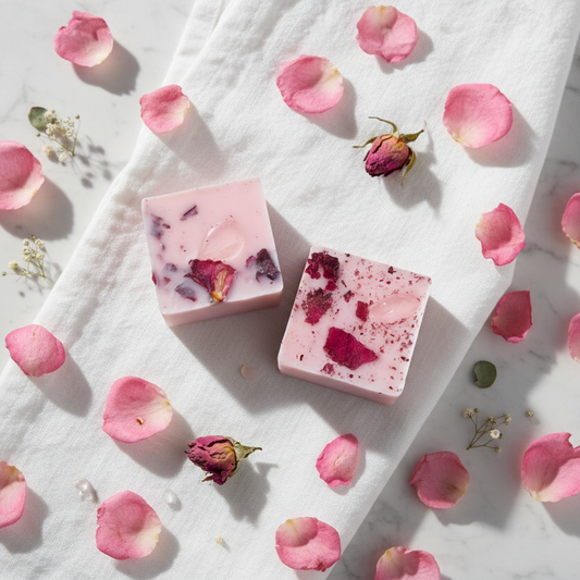 Pink rose quartz topped wax melts with roses on marble - peachy blossom scent - handmade crystals
