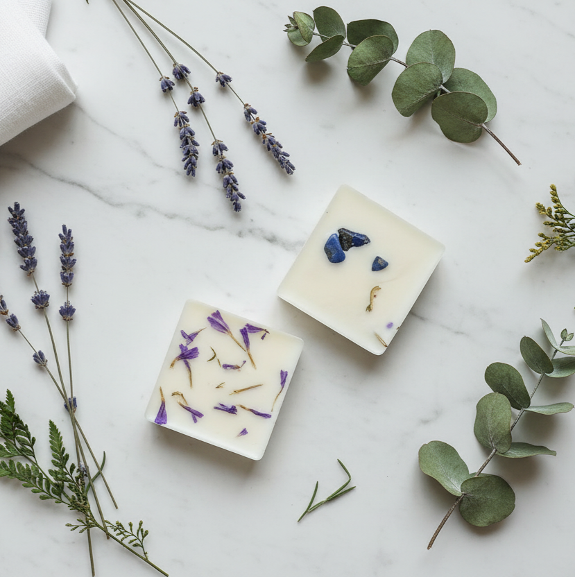 True Blue lapis lazuli wax melts with botanicals on marble - coastal embers scent - handmade crystals