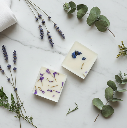 True Blue lapis lazuli wax melts with botanicals on marble - coastal embers scent - handmade crystals