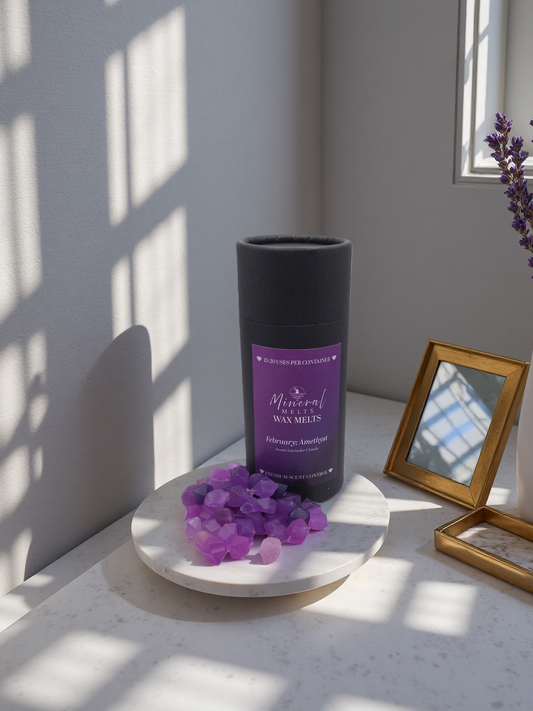 Amethyst purple wax melts lifestyle styled with botanicals - February birthstone - cottagecore