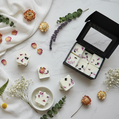 Timeless bloom obsidian wax melts with vintage roses on marble - pure serenity scent - elegant gift