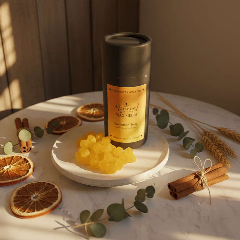 Topaz golden wax melts lifestyle with autumn decor - November birthstone - cottagecore