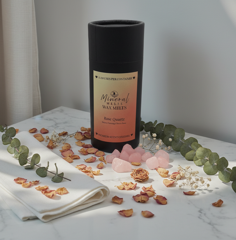 Rose Quartz wax melts with roses on marble - creamy citrus rose scent - handmade soy wax